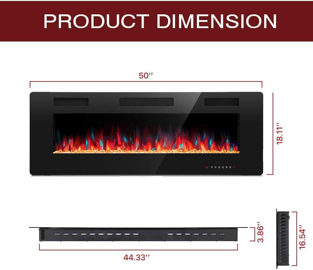 imageKismile 50quot Electric Fireplace Recessed and Wall MountedLow noise Fireplace Heater Fit for 2 x 4 and 2 x 6 StudAdjustable Flame Color and Speed with TimerTouch ScreenRemote Control7501500W 50quot