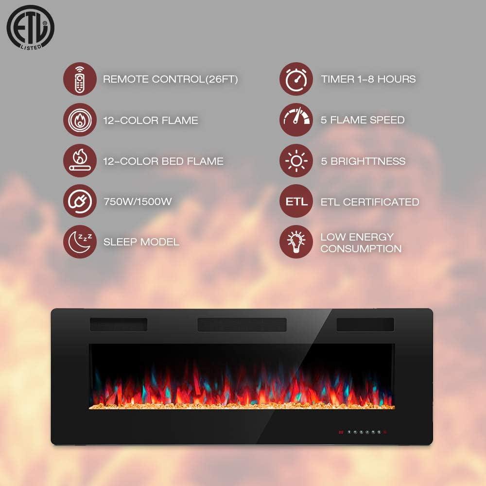 imageKismile 50quot Electric Fireplace Recessed and Wall MountedLow noise Fireplace Heater Fit for 2 x 4 and 2 x 6 StudAdjustable Flame Color and Speed with TimerTouch ScreenRemote Control7501500W 50quot