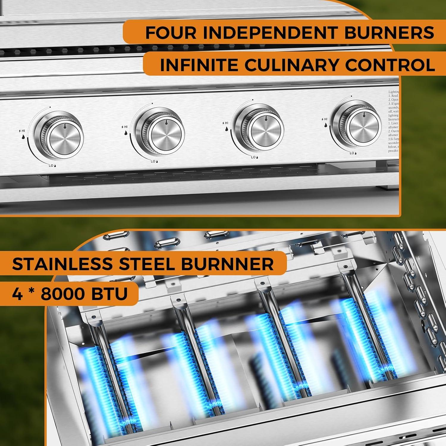 imageKismile 4Burner Gas Grill BuiltIn ampamp Countertop DualUse BBQ Grill  32000BTU High Power Propane Grill Full SUS304 Stainless Steel  620  410mm Large Grilling Area FrontDrawer Grease Tray4 Burner