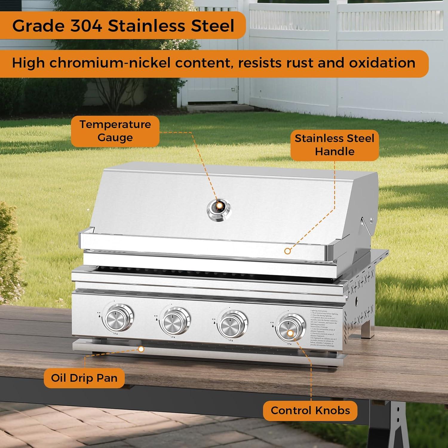 imageKismile 4Burner Gas Grill BuiltIn ampamp Countertop DualUse BBQ Grill  32000BTU High Power Propane Grill Full SUS304 Stainless Steel  620  410mm Large Grilling Area FrontDrawer Grease Tray4 Burner