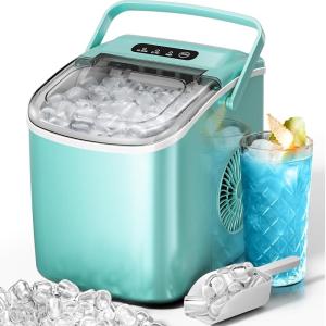 imageKismile Countertop Ice Maker with Handle 26LbsDay 9 Ice Cubes in 6 Mins SelfCleaning Portable Ice Machine for Home Kitchen ampamp Office BlackGreen