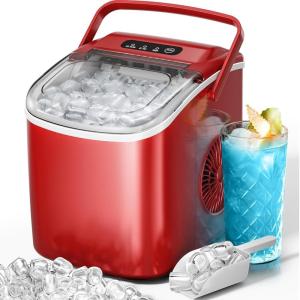 imageKismile Countertop Ice Maker with Handle 26LbsDay 9 Ice Cubes in 6 Mins SelfCleaning Portable Ice Machine for Home Kitchen ampamp Office BlackRed